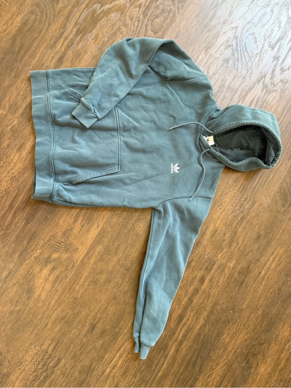 adidas washed teal Pullover Hoodie with White Trefoil